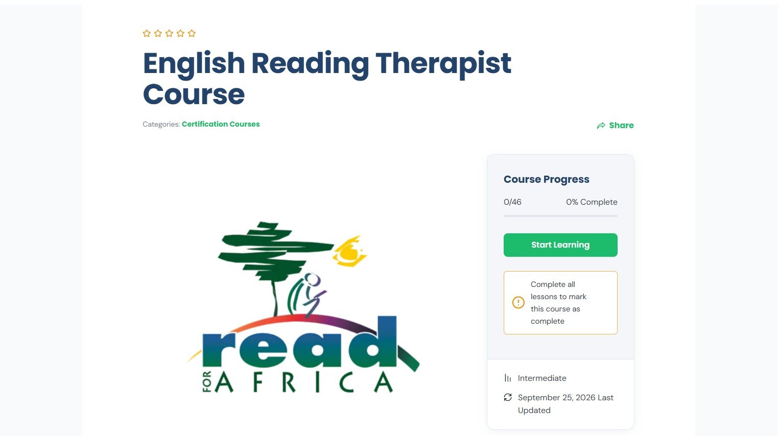 Read For Africa course overview page with course progress