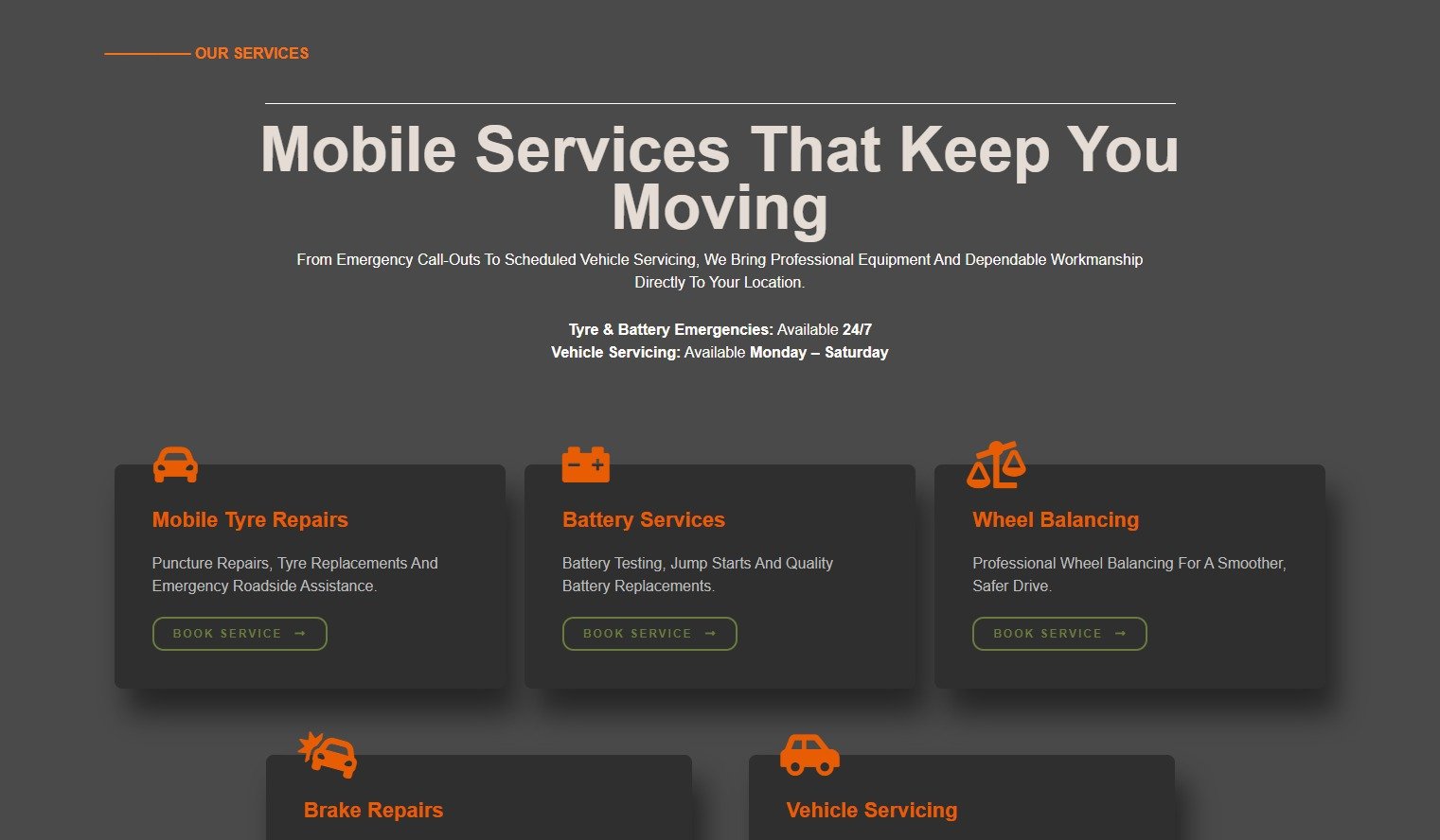 Kruger Bush Tyres website showing mobile tyre, battery and vehicle services