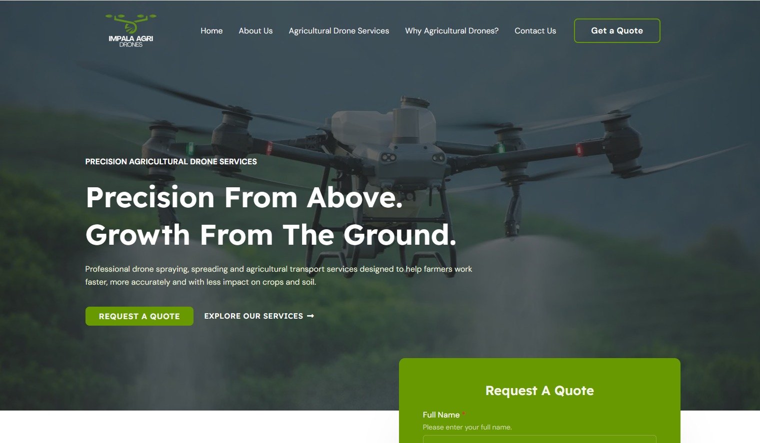 Impala Agri Drones website homepage with quote request