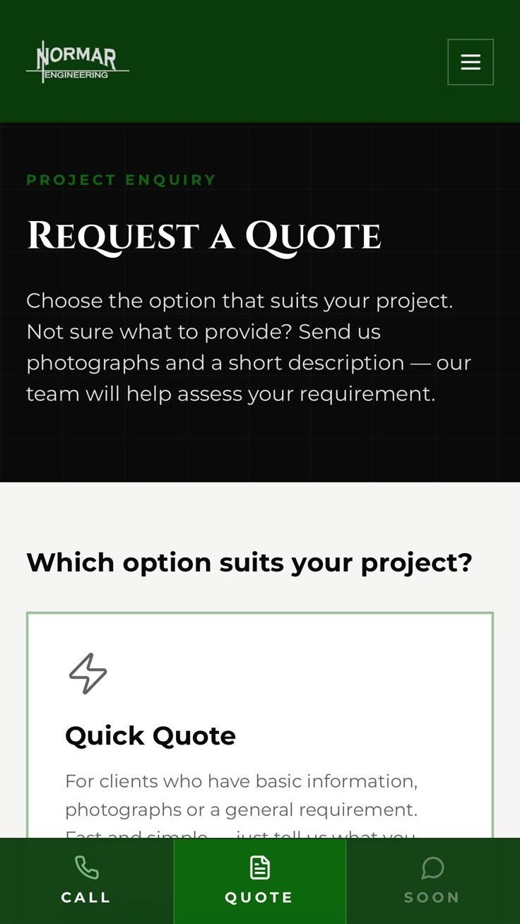 Build Normar Engineering quote request on a mobile phone