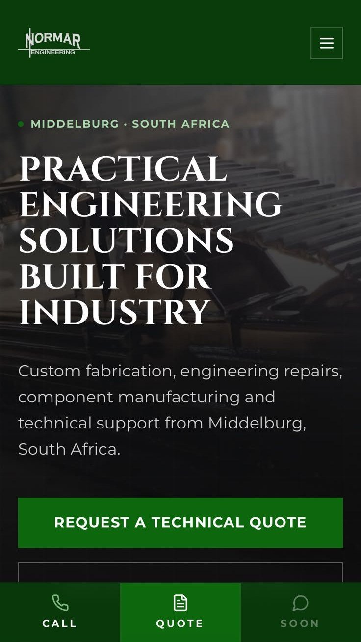 Normar Engineering website homepage on a mobile phone