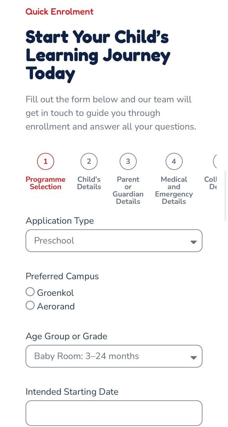 Home Toddler's Academy online enrolment form on a mobile phone
