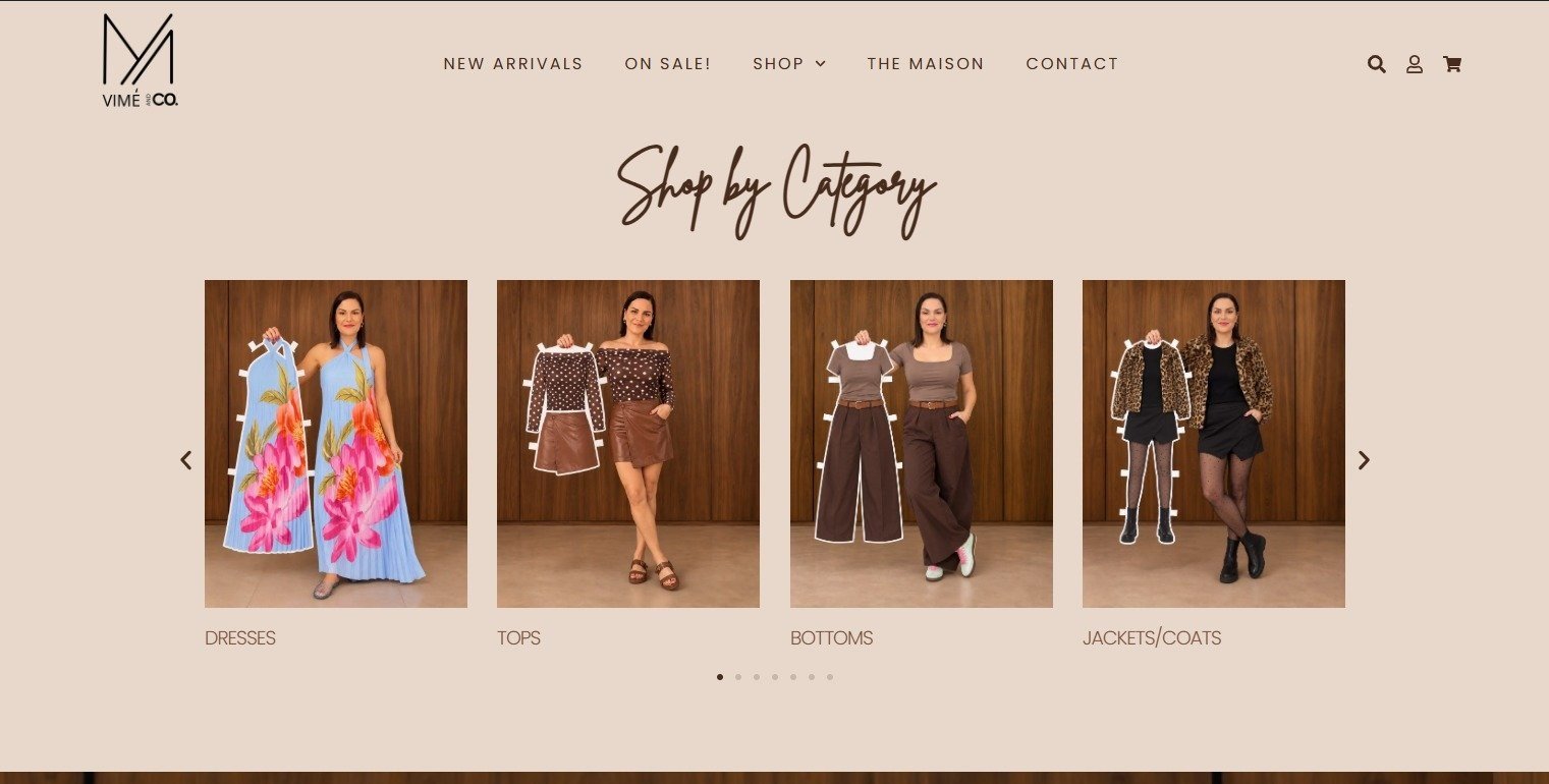 Vimé & Co online store showing the shop-by-category section